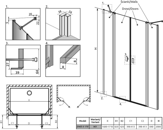 Душевая дверь в нишу Radaway Nes DWD II 10037083-01-01 + 10041087-01-01 170 см