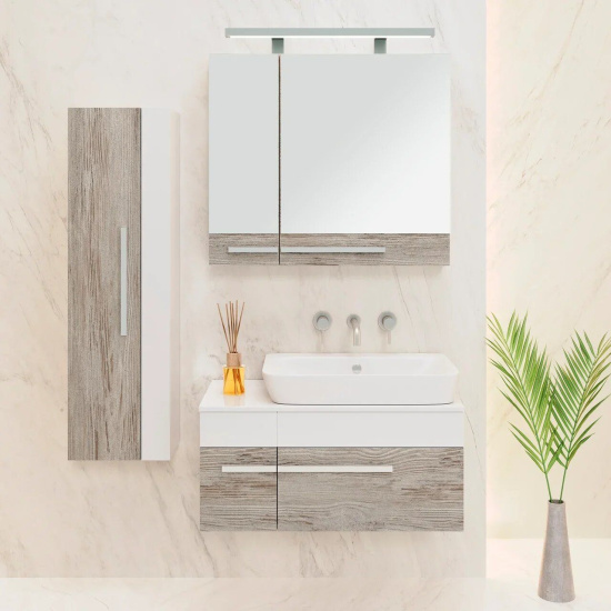 Мебель для ванной Runo Вудлайн 85, скандинавский дуб, раковина Caspia 60 Square