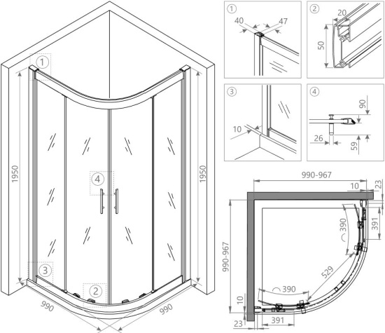 Душевой уголок RGW Hotel HO-51 1000x1000x1950 профиль хром