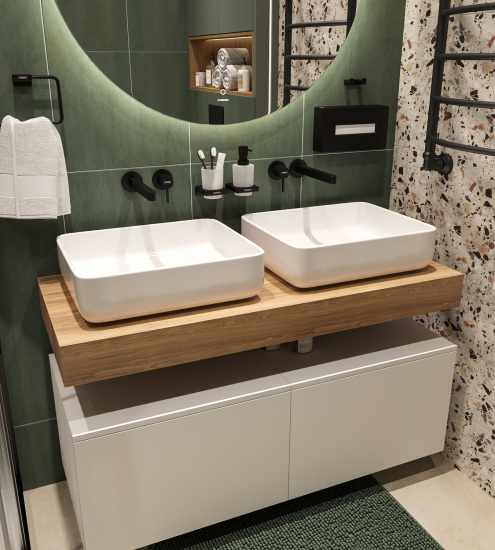 Столешница Stworki Ольборг 120 дуб французский, без отверстий, 2 тумбы 60 + 2 раковины Stworki Soul 1 белой