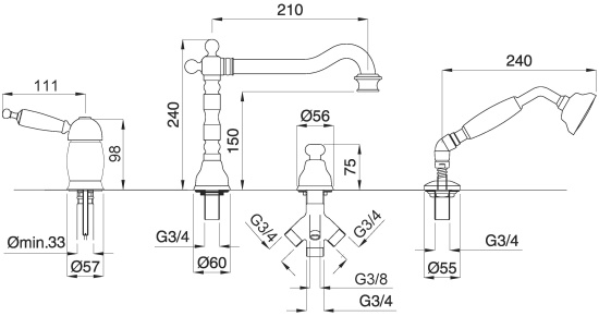 Смеситель на борт ванны Migliore Oxford ML.OXF-6355.BI.BR бронза