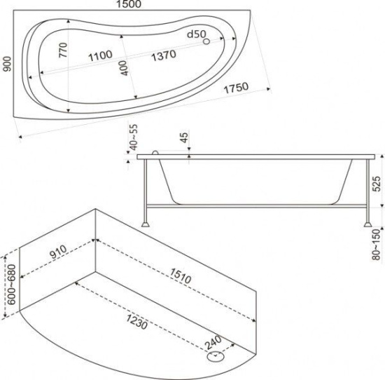 Акриловая ванна Bas Алегра 150 см L с г/м