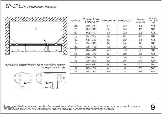 Душевая дверь в нишу Vegas Glass EP-2F LUX 195 02М 07 L, профиль черный матовый, стекло графит