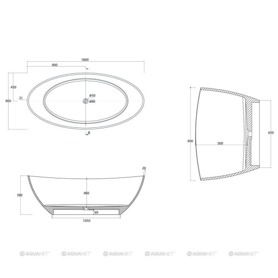 Ванна из искусственного камня Aquanet Inspire TC-S52 180x90 см. матовая