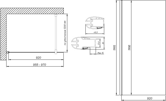 Душевая перегородка Vegas Glass EAF LUX 970x1995 профиль белый, стекло прозрачное