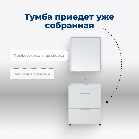 Тумба с раковиной Aquanet Ирис New 70 напольная 2 ящика, белый глянец