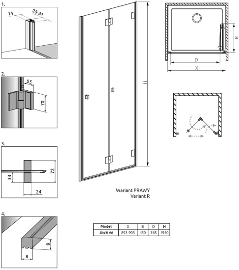 Душевая дверь в нишу Radaway Carena DWB 90 R