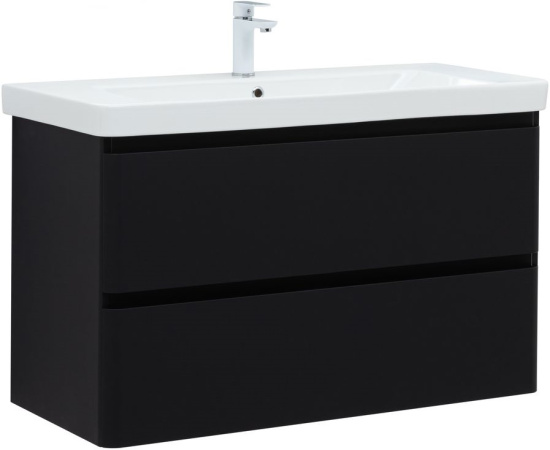 Тумба с раковиной Aquanet Эмбер 105 2 ящика, черная матовая, раковина Luxury
