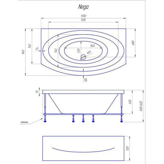 Акриловая ванна 1MarKa Nega 170 см