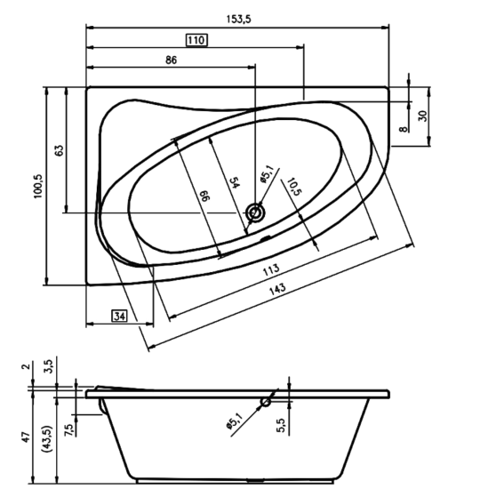 Акриловая ванна Riho Lyra R 153x100 см