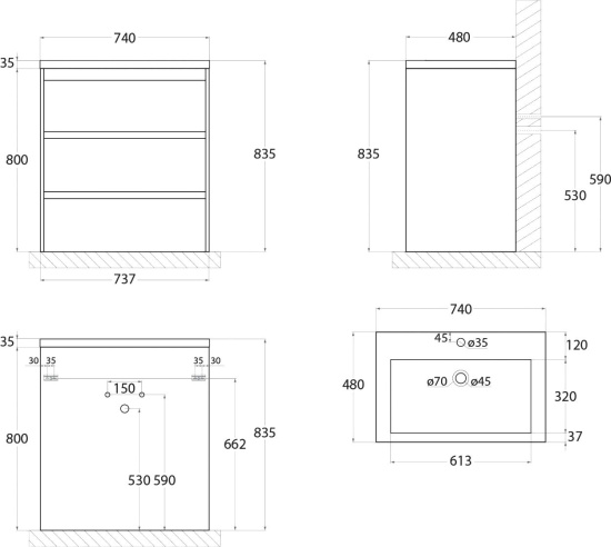 Мебель для ванной Art&Max Family 75 напольная, Bianco Lucido