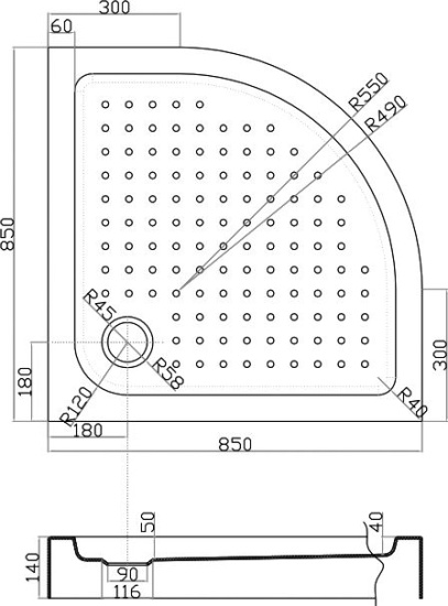 Поддон для душа Cezares Tray R550, радиальный 85, акриловый
