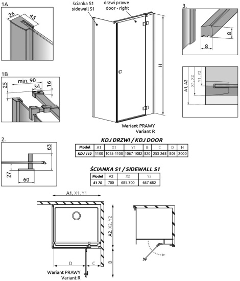 Душевой уголок Radaway Essenza New Black KDJ 110х70 R