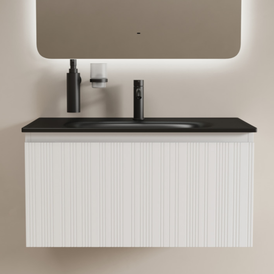 Тумба с раковиной Sancos Code 80 подвесная, белая матовая, раковина черная