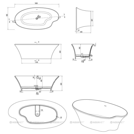 Ванна из искусственного камня Aquanet Desire V9-N 180x90 см. матовая