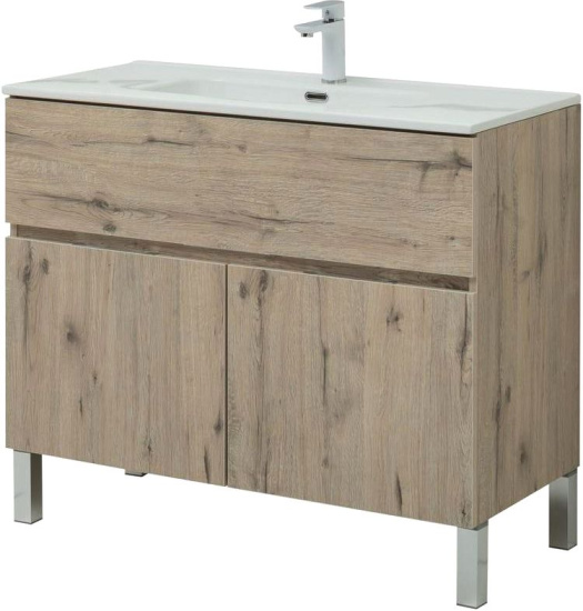 Тумба с раковиной Aquanet Алвита new 100 напольная, дуб веллингтон белый, с дверками и ящиком