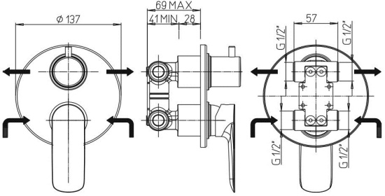 Смеситель для ванны Paini Nove 09PZ6911 с внутренней частью