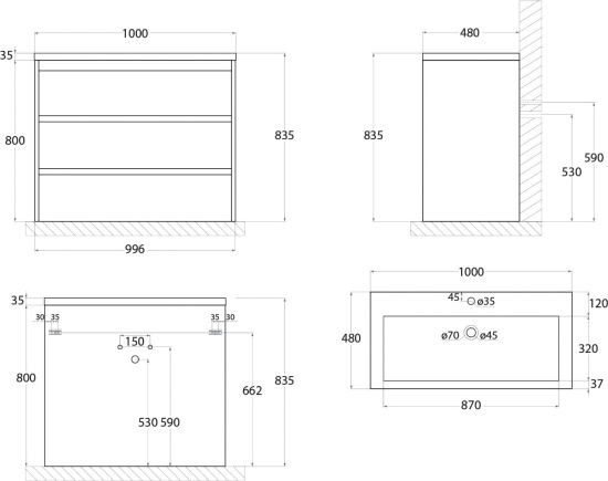 Тумба с раковиной Art&Max Family 100 напольная, Bianco Lucido