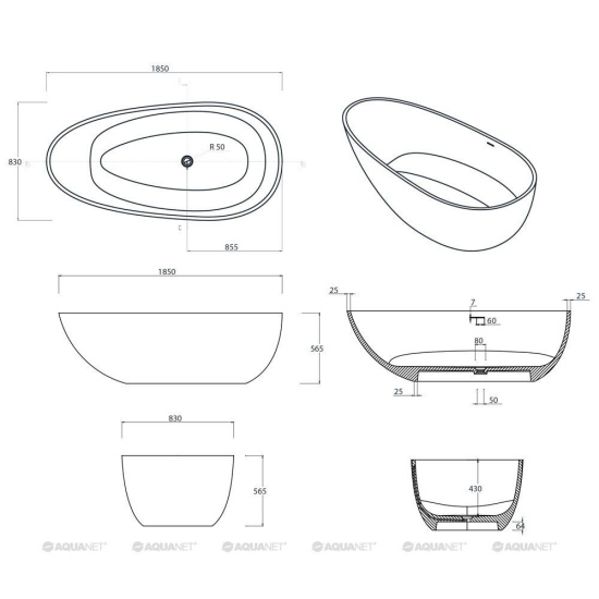 Ванна из искусственного камня Aquanet Miracle TC-S06B 185x83 глянцевая