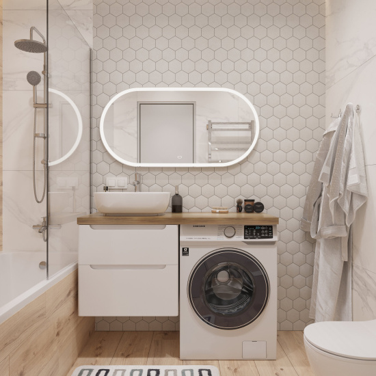 Тумба с раковиной Stworki Берген 60 белая со светлой столешницей 122, Moduo 50 Square, R
