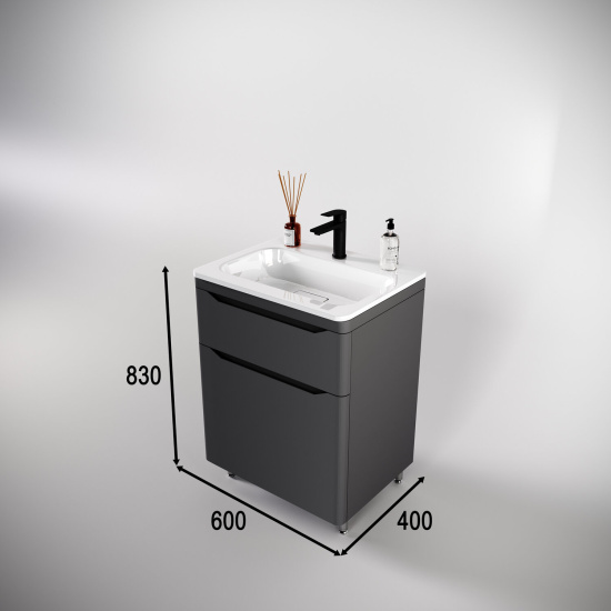 Тумба с раковиной Style Line Марелла 60 2 ящика Люкс антискрейтч серая, Plus напольная