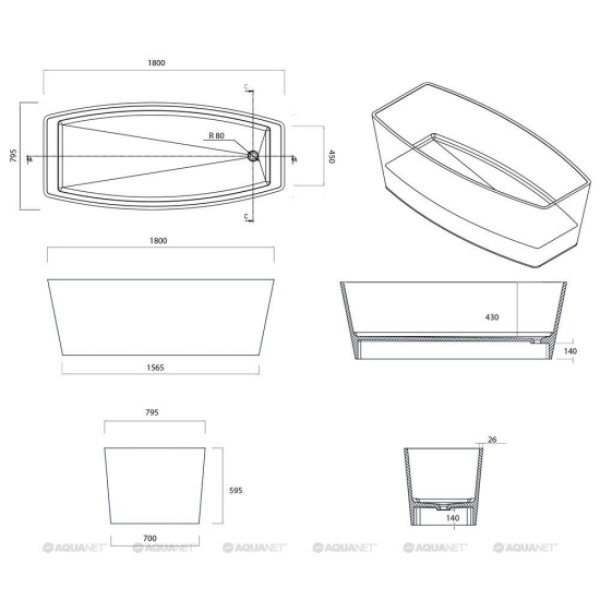 Ванна из искусственного камня Aquanet Comely TC-S04 180x80 см. матовая