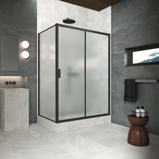 Душевой уголок Vegas Glass ZP+ZPV Protec h1900 110*75 02М 10, профиль черный матовый, стекло сатин