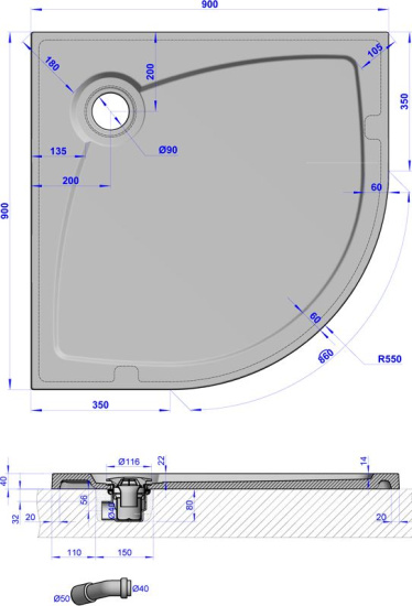 Поддон для душа GuteWetter Deluxe 90x90x4 R серый