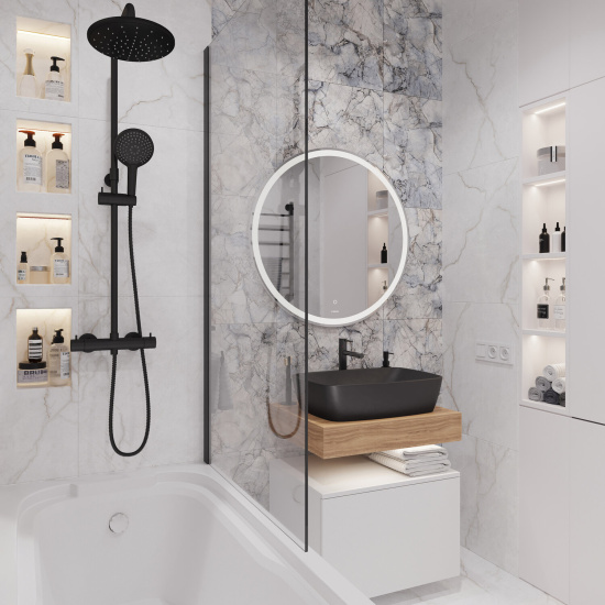 Мебель для ванной Stworki Ольборг 60 столешница дуб французский, без отверстий, с тумбой 60, с раковиной Vitra Shift черной