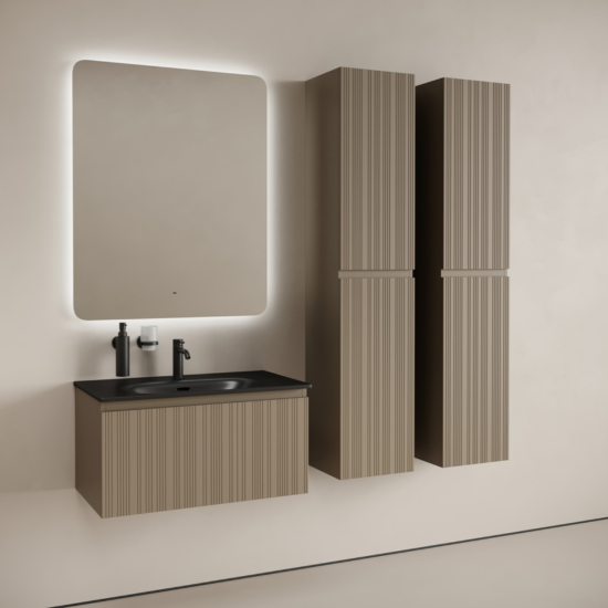 Тумба с раковиной Sancos Code 80 подвесная, серо-бежевая, раковина черная