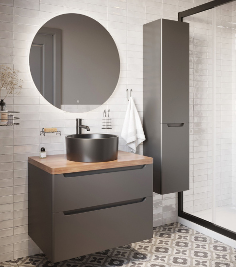 Мебель для ванной Stworki Берген 80 серая с темной столешницей, раковина Rotenburg 40 черная