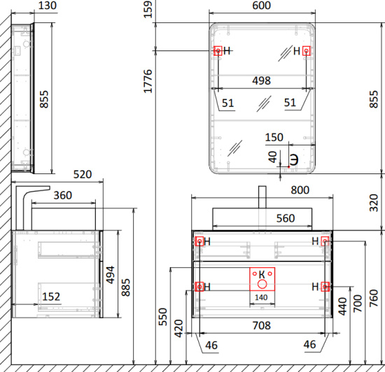 Мебель для ванной Raval Pure 80 подвесная