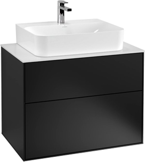 Тумба с раковиной Villeroy & Boch Finion 80 black matt lacquer, glass white matt, с настенным освещением