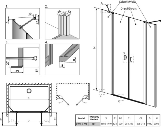 Душевая дверь в нишу Radaway Nes DWD II 10037103-01-01 + 10041067-01-01 170 см