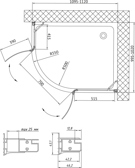 Душевой уголок Vegas Glass AFS-F 110*100 01 01 R профиль белый, стекло прозрачное