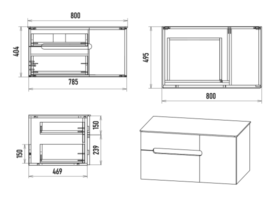 Тумба с раковиной Misty Роял 80 черная подвесная, со столешницей