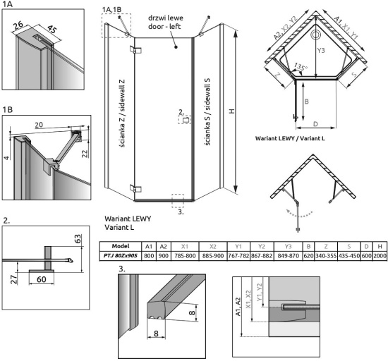 Душевой уголок Radaway Essenza New PTJ 80х90 L