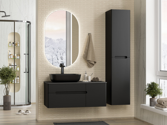 Тумба под раковину Misty Роял 100 черная подвесная, со столешницей