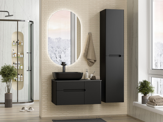 Тумба под раковиной Misty Роял 80 черная подвесная, со столешницей