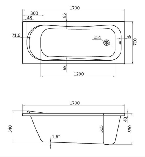 Акриловая ванна Santek Тенерифе XL 170х70 см