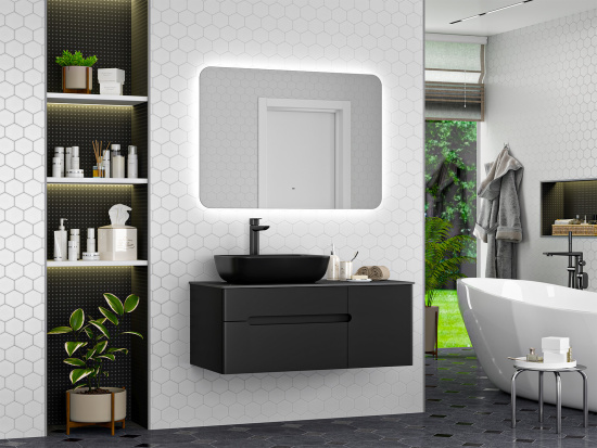 Тумба под раковину Misty Роял 100 черная подвесная, со столешницей