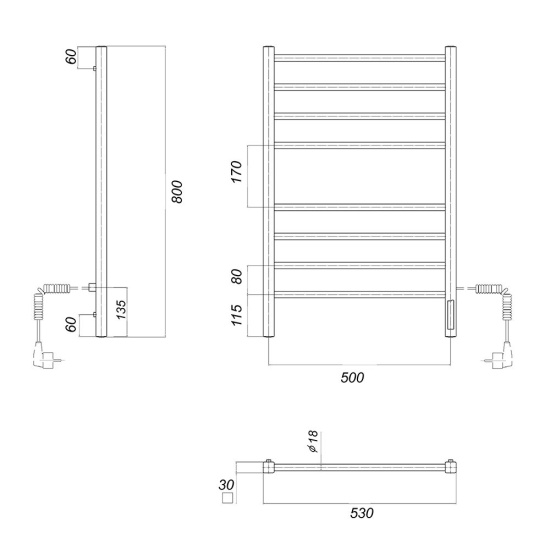 Полотенцесушитель электрический Domoterm Куба П8 500x800 ЧРН EK R