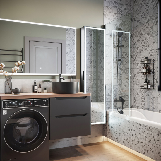 Мебель для ванной Stworki Берген 60 серая с темной столешницей 122, раковина Rotenburg 40 черная, L