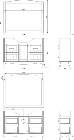 Тумба с раковиной ValenHouse Эллина 120 белая, 4 ящика, 1 дверца, ручки бронза