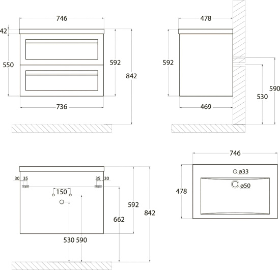 Мебель для ванной Art&Max Platino 75 подвесная, светло-серая матовая