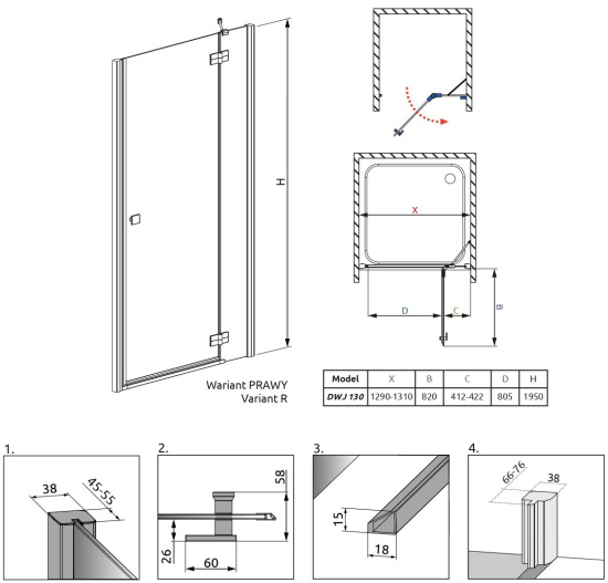 Душевая дверь в нишу Radaway Almatea DWJ 130 R, прозрачное стекло