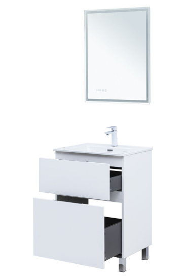 Тумба с раковиной Aquanet Алвита New 60 Flat напольная 2 ящика, белая матовая