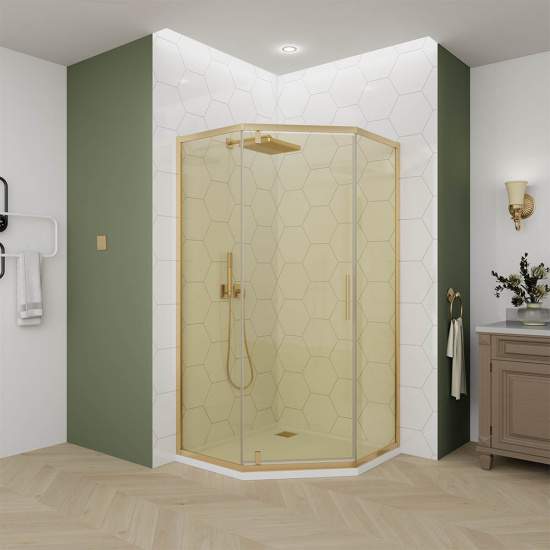 Душевой уголок Veconi Ottimo P10 G 80x80 OP10G-8080-14-C9, профиль золото брашированное, стекло янтарное