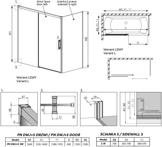 Шторка на ванну Radaway Idea Black PN DWJ+S 160 L x 70 R