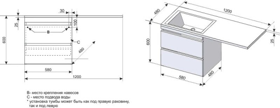 Тумба с раковиной Style Line Даллас 120 L Люкс Plus подвесная, белая